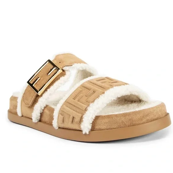 FENDI Feel FF logo shearling lined suede leather slides sandals - Picture 2 of 8